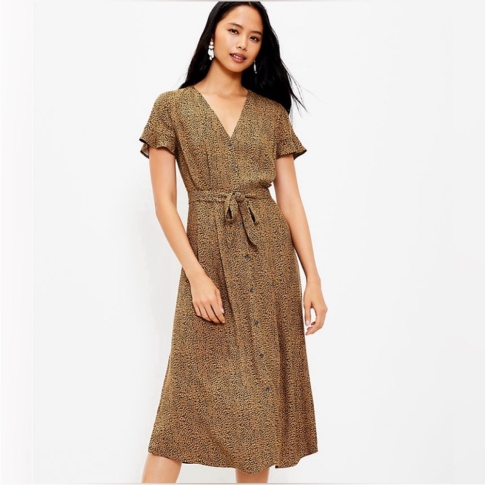 LOFT Brown Patterned Midi Dress